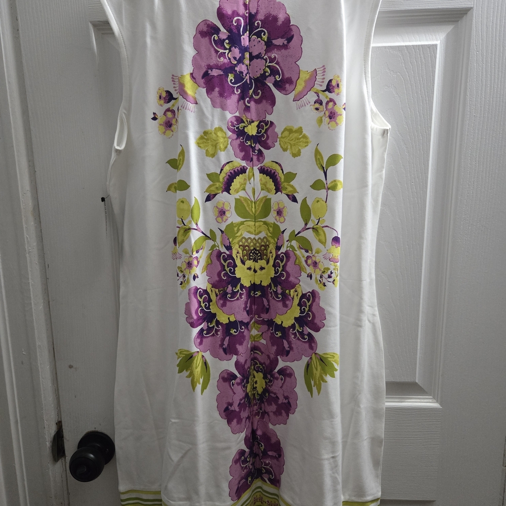New York & Company White Dress with Purple and Green Floral Design - Picture 2 of 3